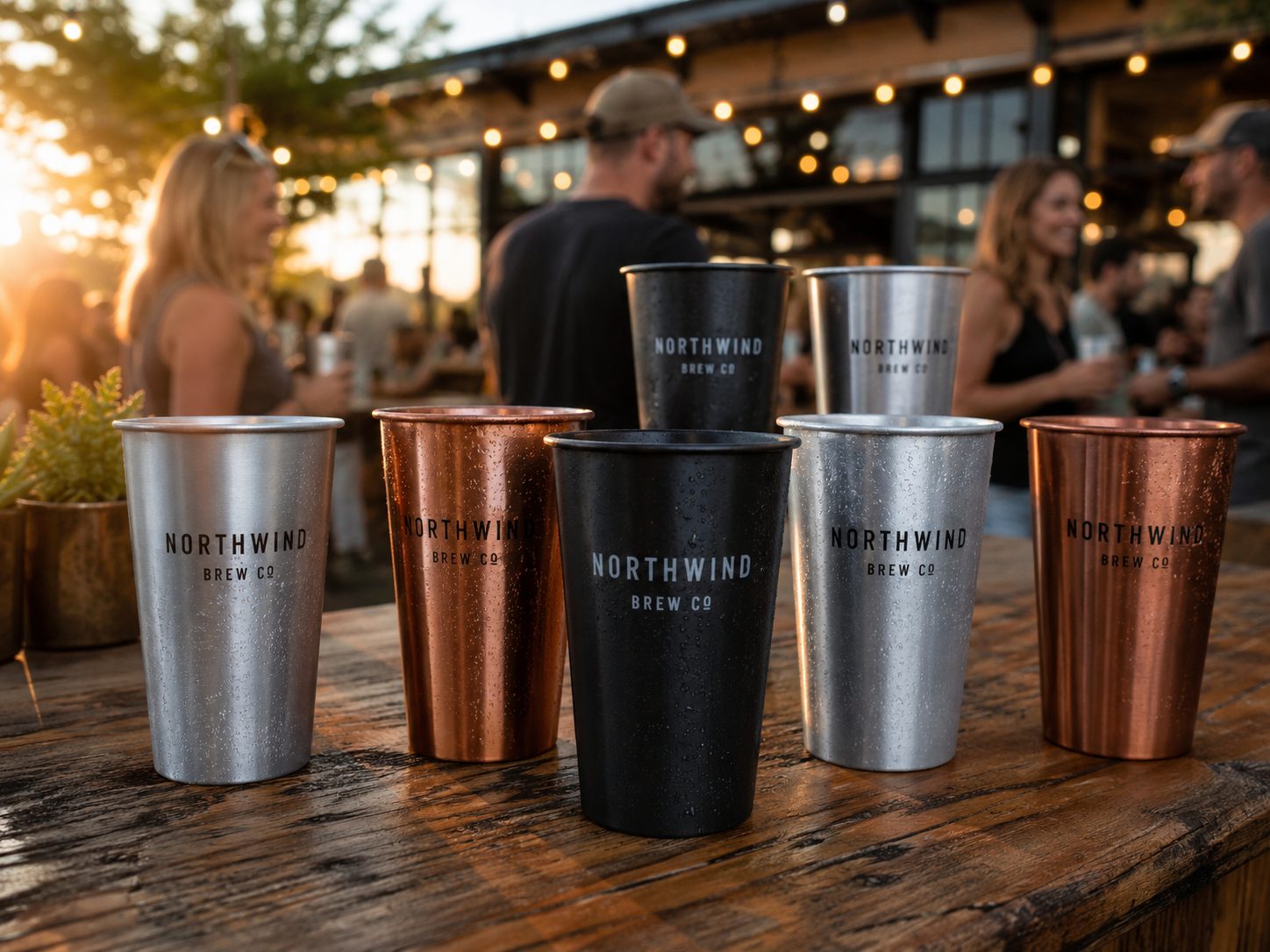Laser-engraved aluminum cup for a brewery taproom with an invented brand logo held at a bar