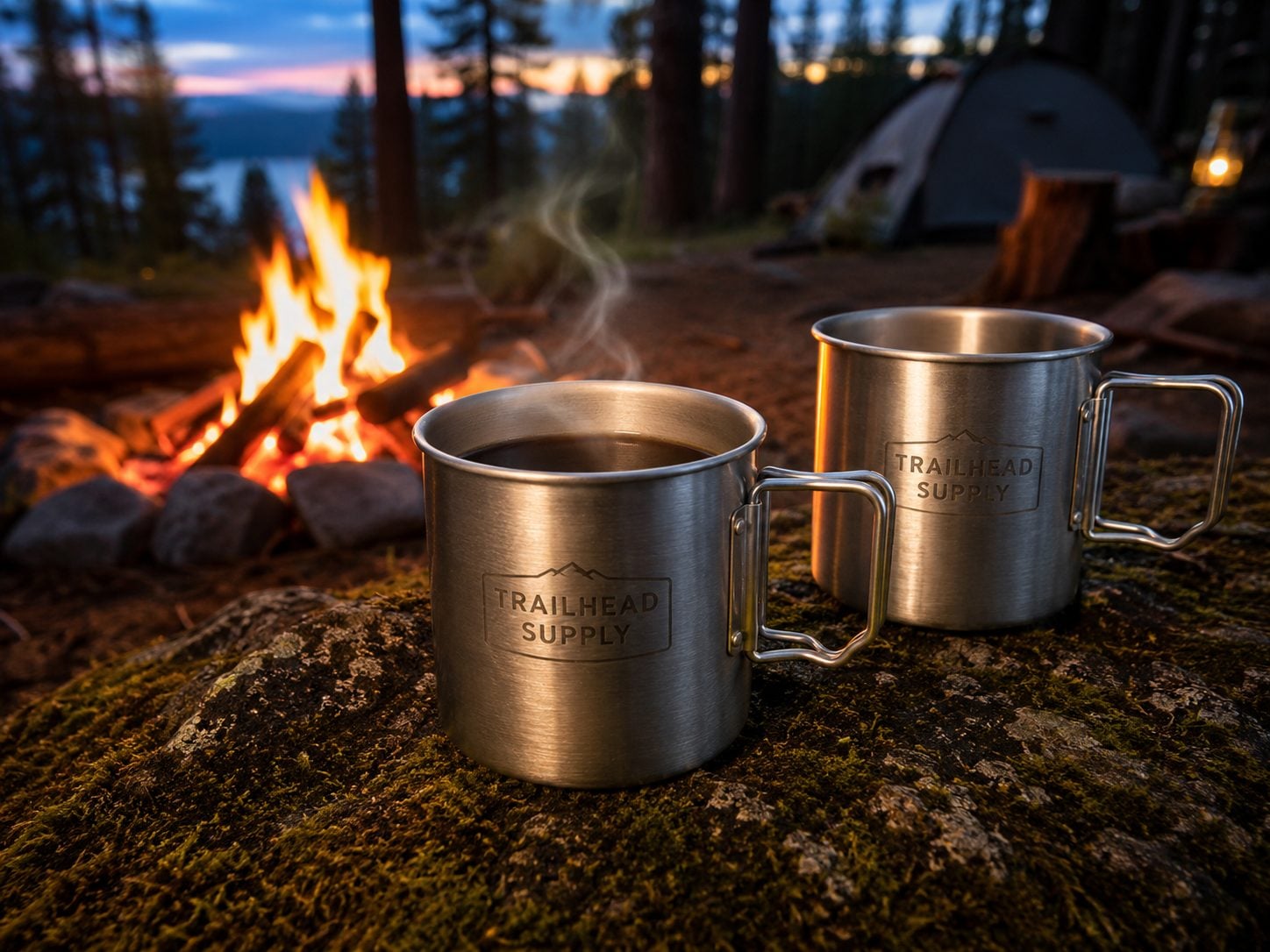 Laser-engraved aluminum camping cup for a trailhead event with an invented outdoor brand