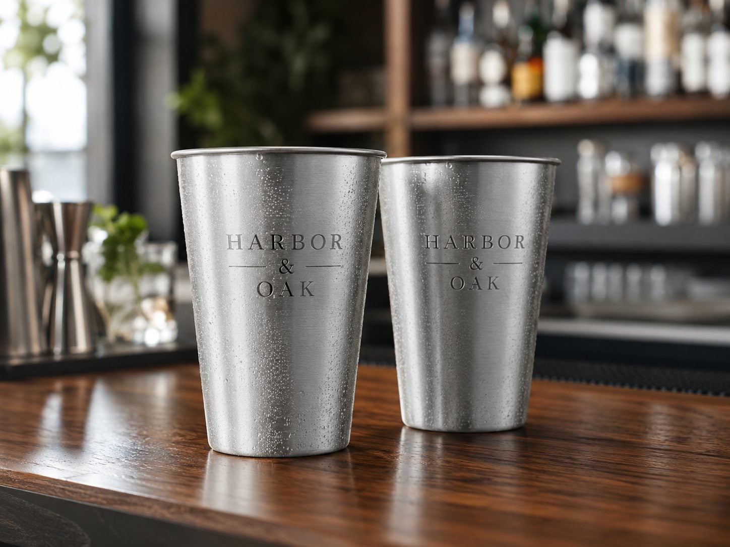 Laser-engraved aluminum pint cup for a taproom with an invented brewery logo on a bar rail