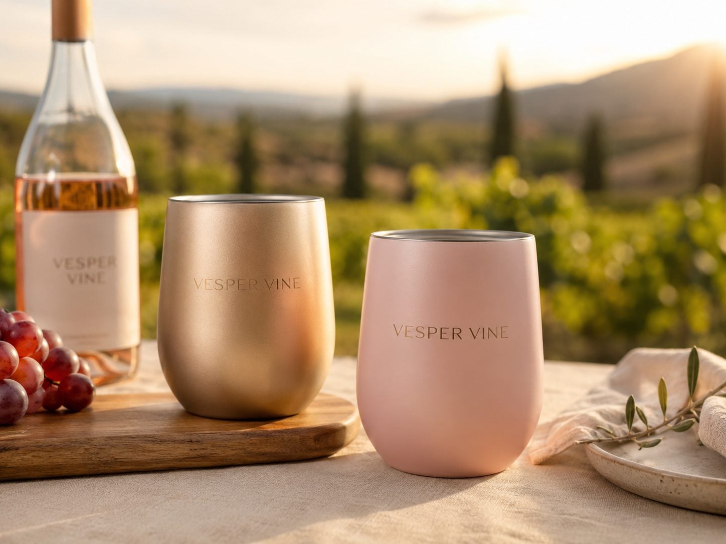 Wrap-printed stemless aluminum wine tumbler for an outdoor wedding with an invented brand