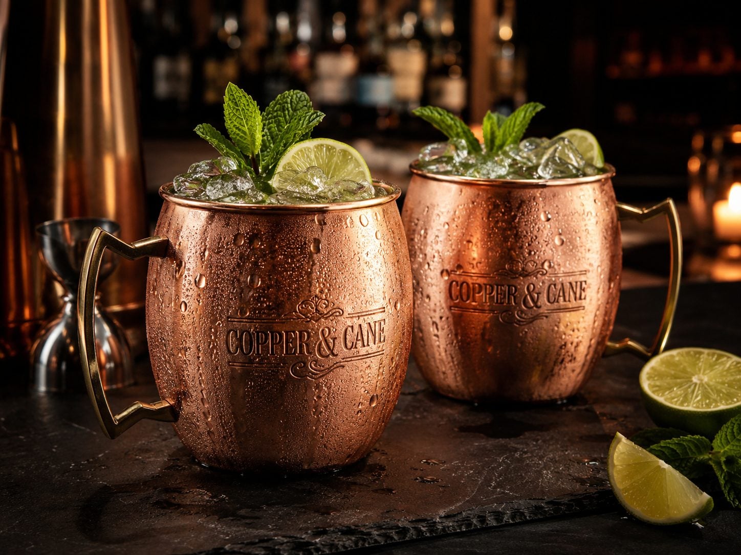 Laser-engraved copper-finish aluminum Moscow mule mug for a cocktail bar with an invented brand