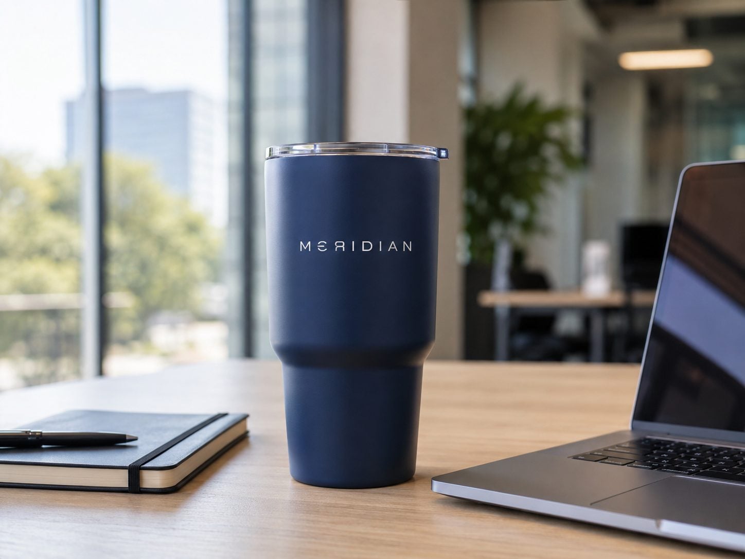 Full-color wrapped insulated aluminum tumbler for a corporate gift with an invented brand