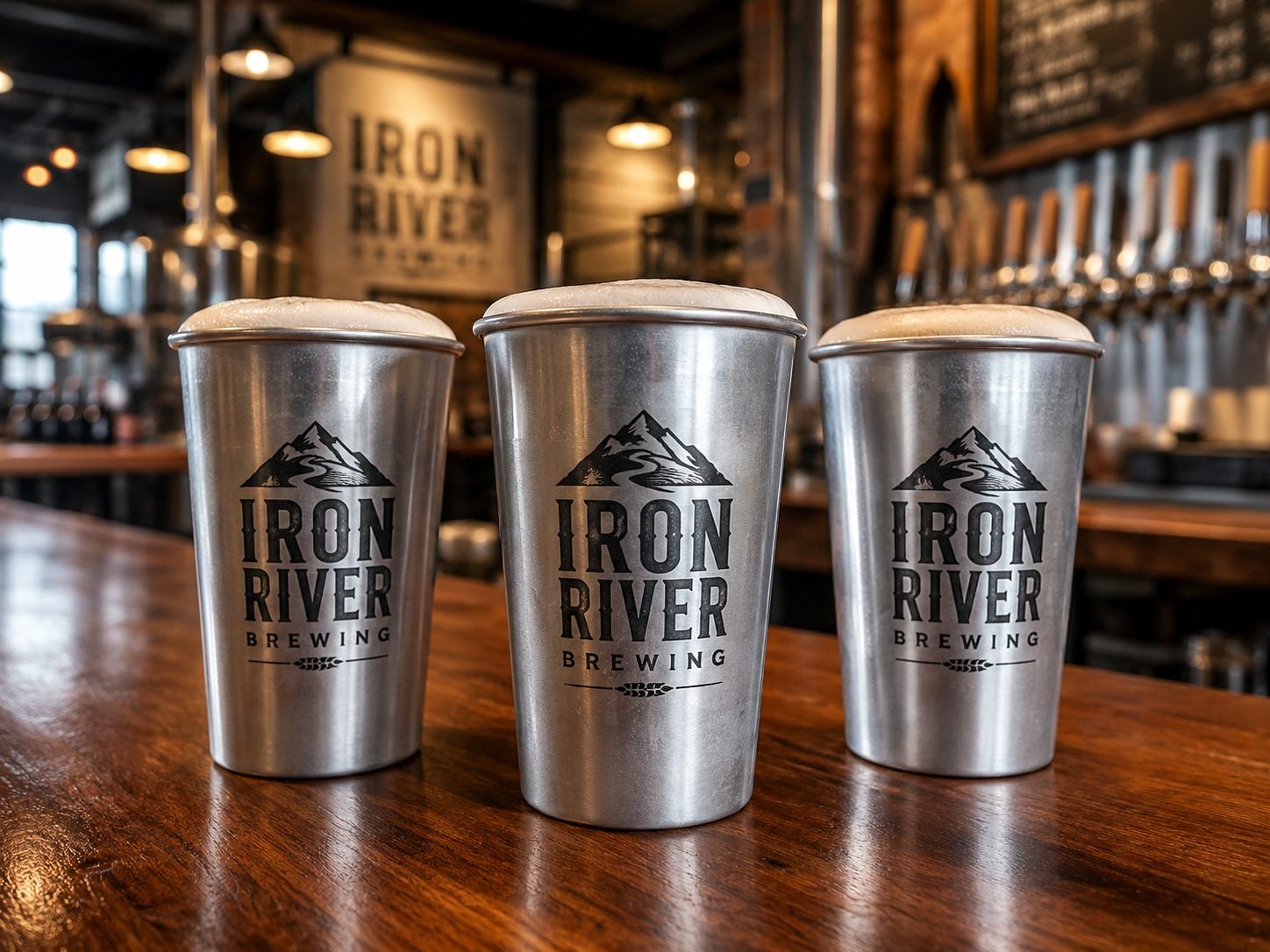 Laser-engraved aluminum pint cups on a taproom bar with an invented brewery brand