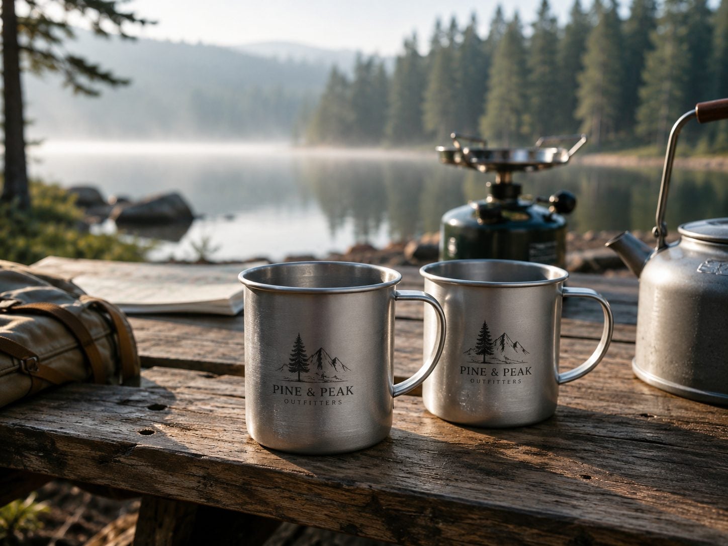 Laser-engraved aluminum camping cups at a trailhead event with an invented outdoor brand