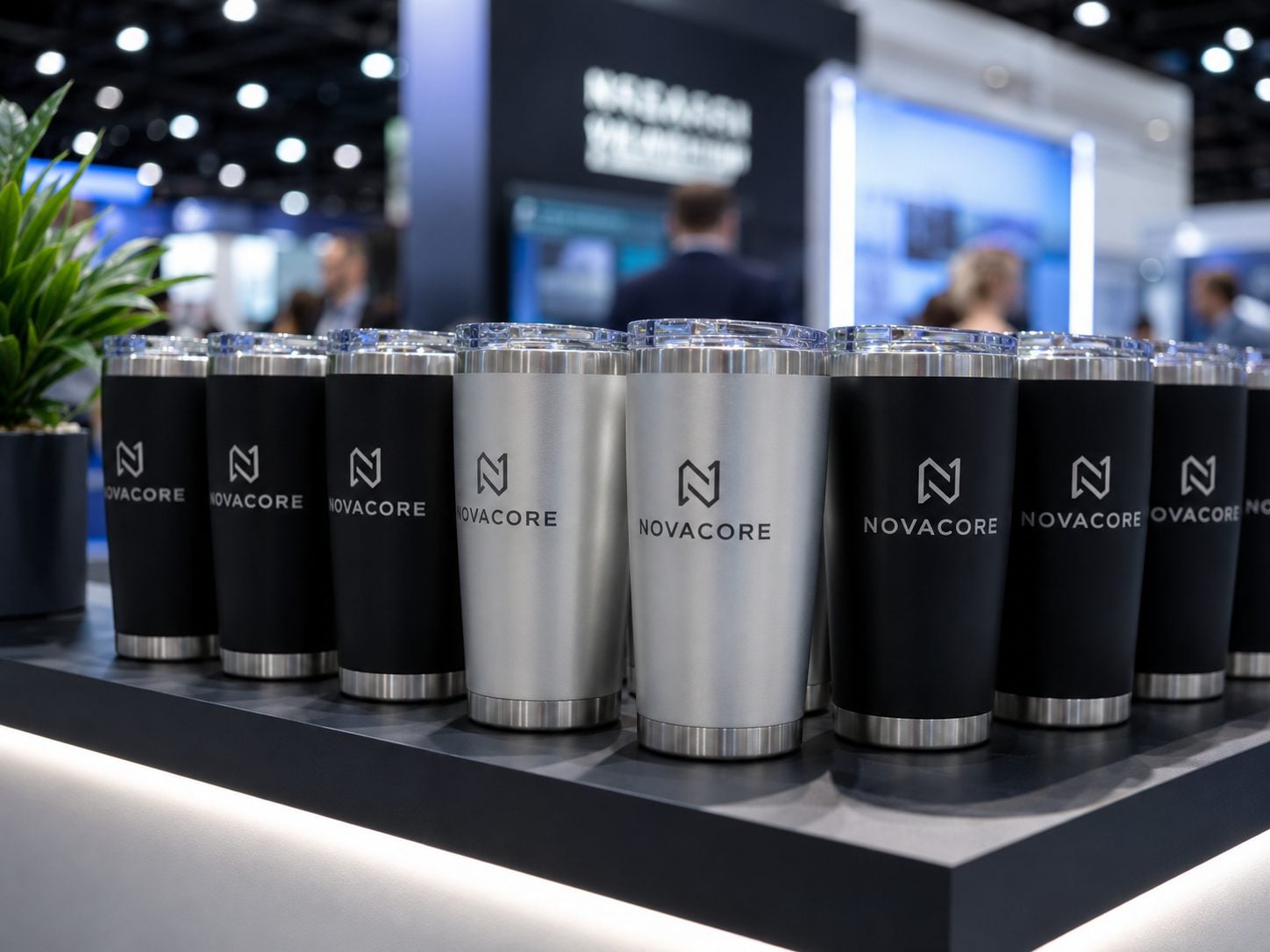 Full-color wrapped insulated aluminum tumblers as trade-show gifts with an invented brand