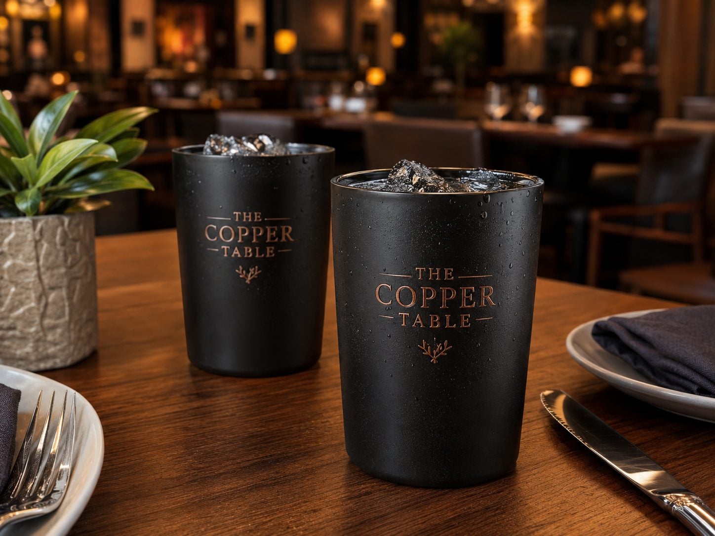 Copper-finish aluminum mule mugs on a cocktail bar with an invented hospitality brand