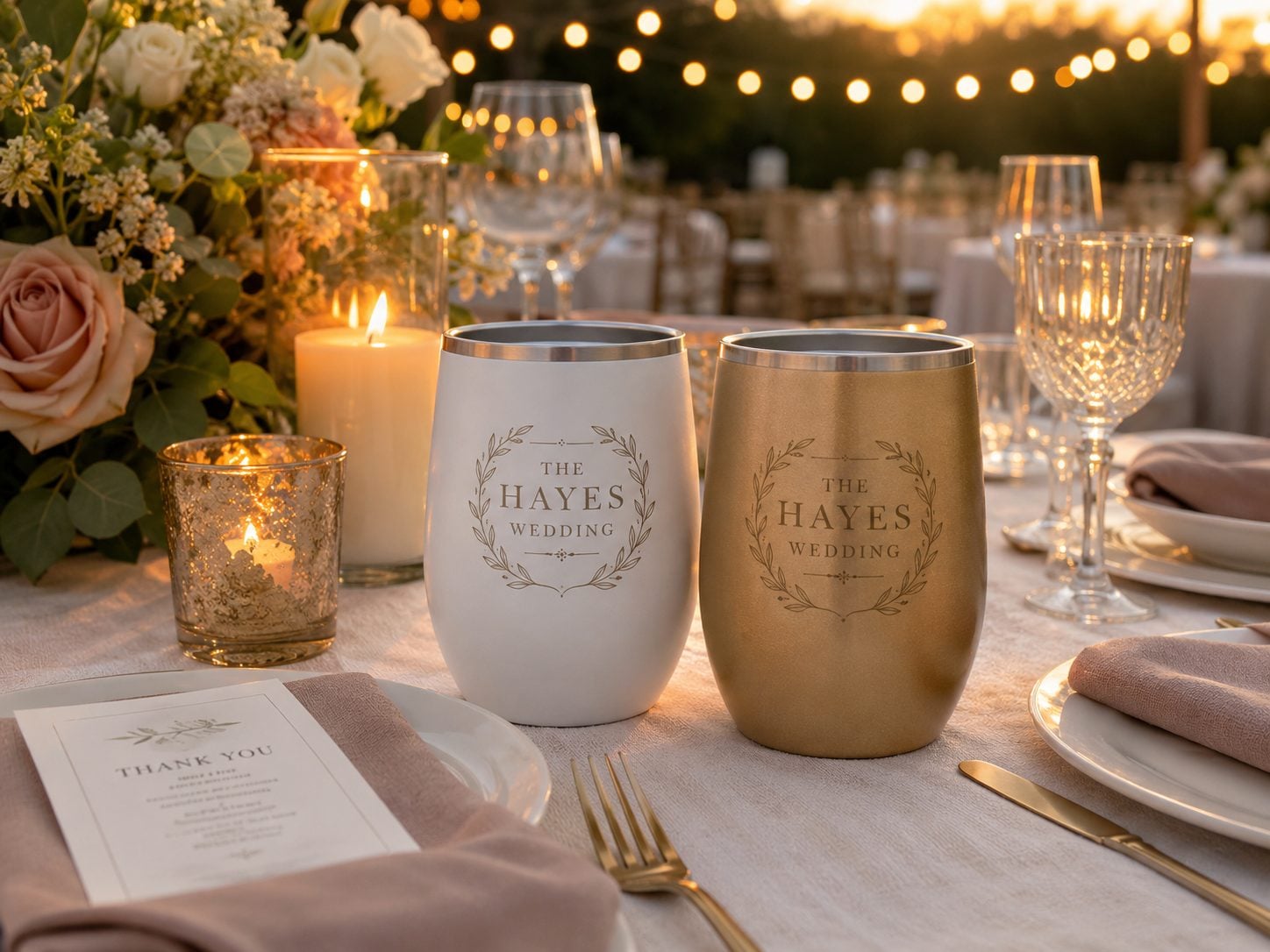 Engraved aluminum wine tumblers as favors at an outdoor wedding with an invented brand